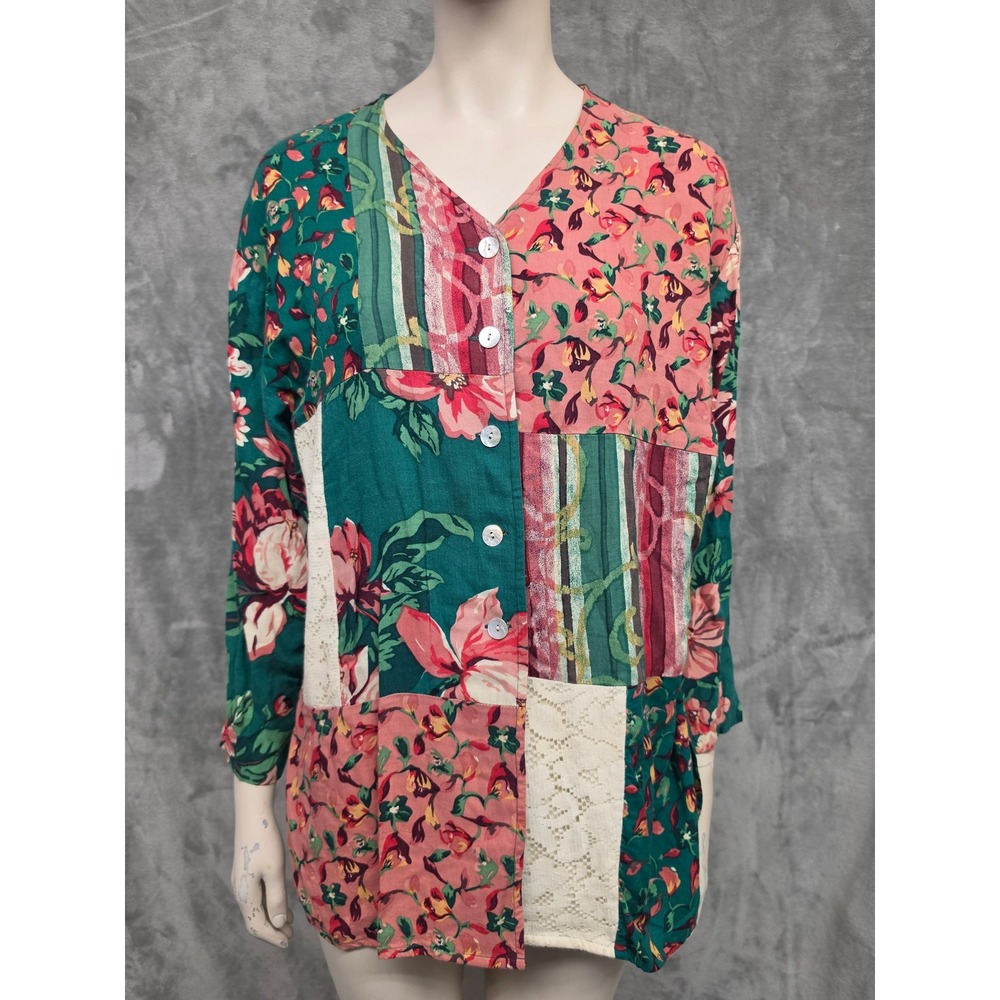 Vintage Carole Little Boho Floral Lace Patchwork Button Top 90s Cottagecore